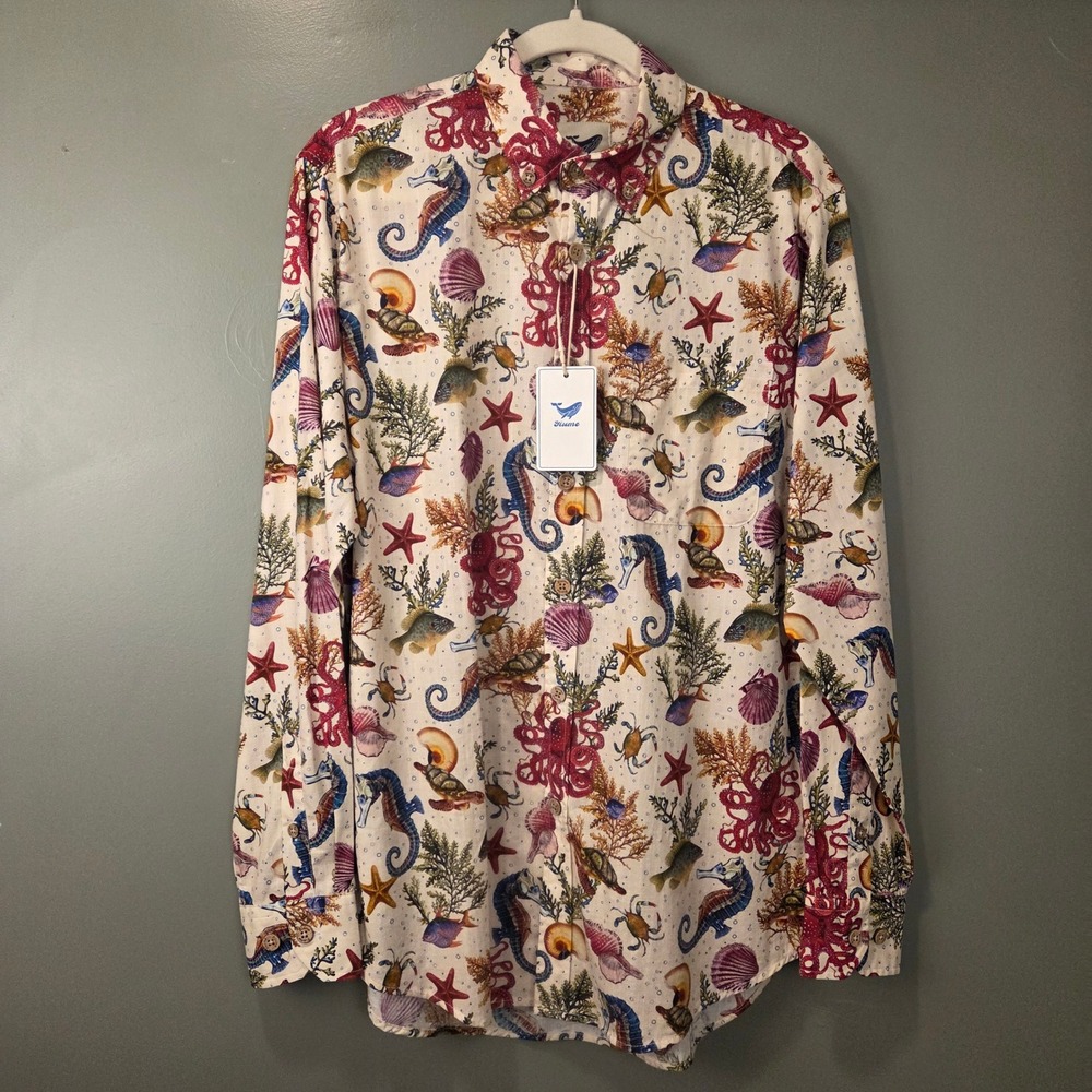 NEW Yiume Men's Marine Life Printed Long Sleeve Button Up Aloha Shirt Size S